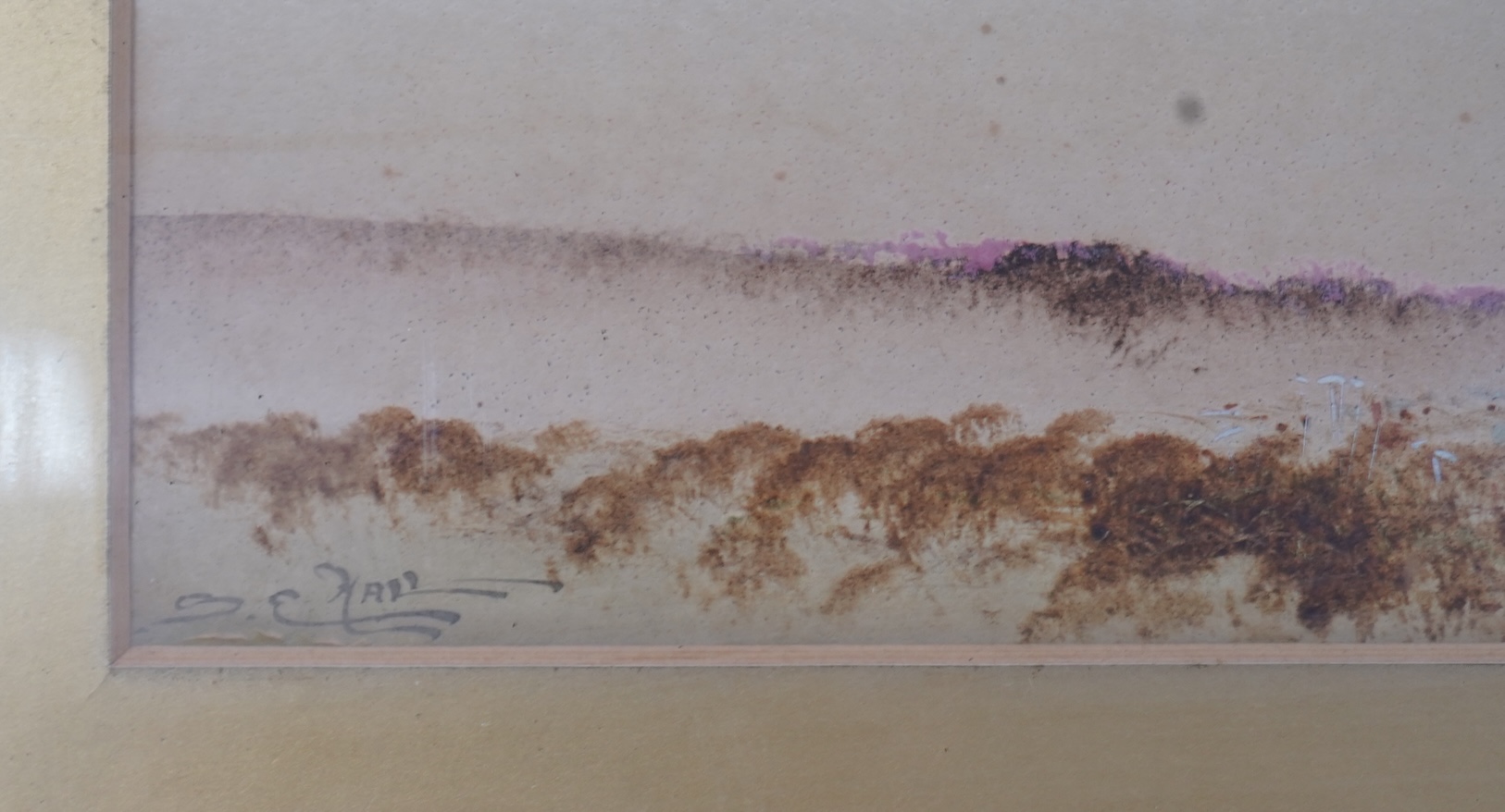 S E Hall (fl. 1910-1930), 'Evening glow, Dartmoor', Gundogs amongst heather, signed and inscribed, watercolour, 10 x 50cm, ornate gilt frame